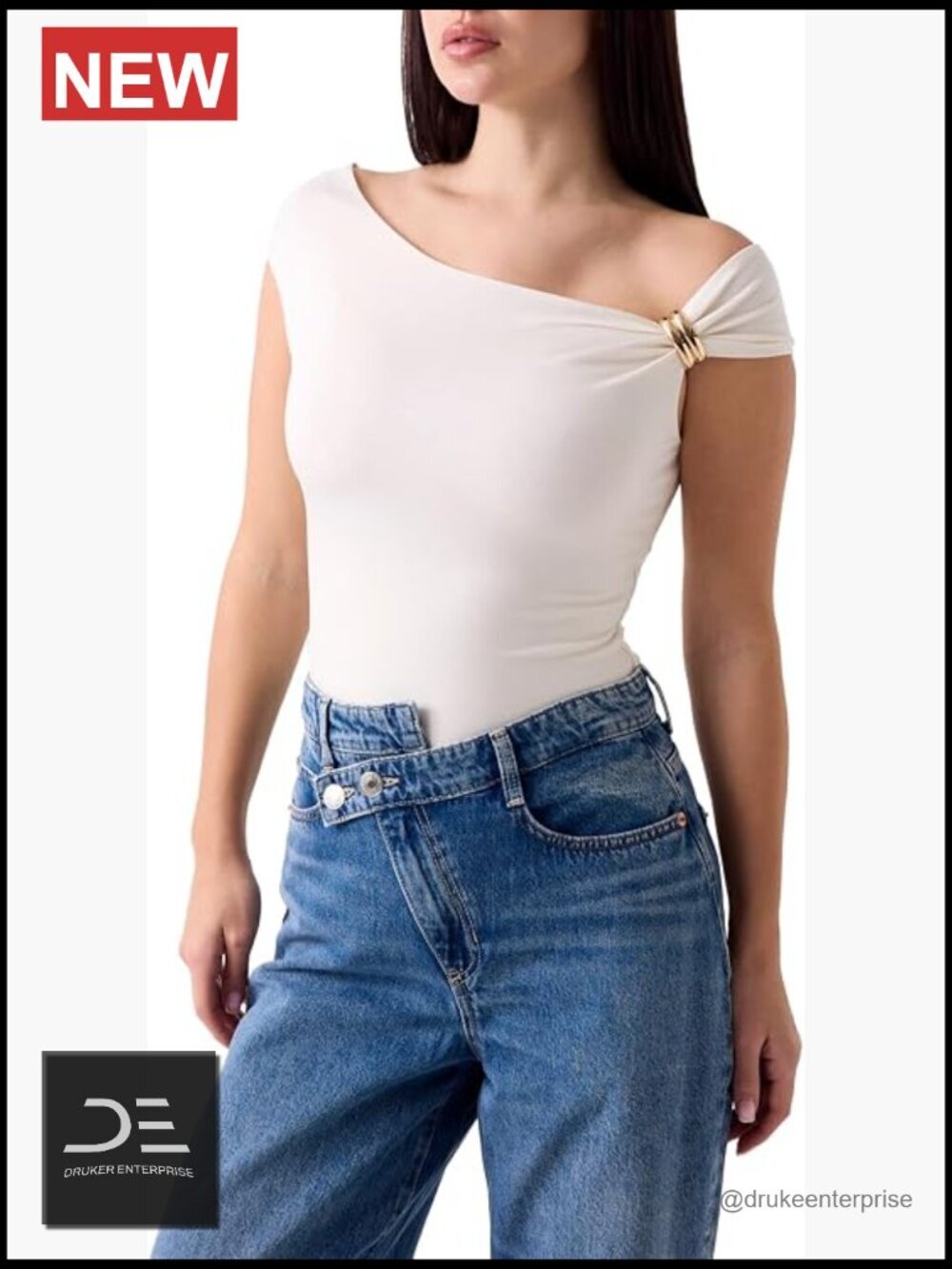 Off Shoulder Top with Buckle Detail - Slim Fit Stretch Jersey Blouse
